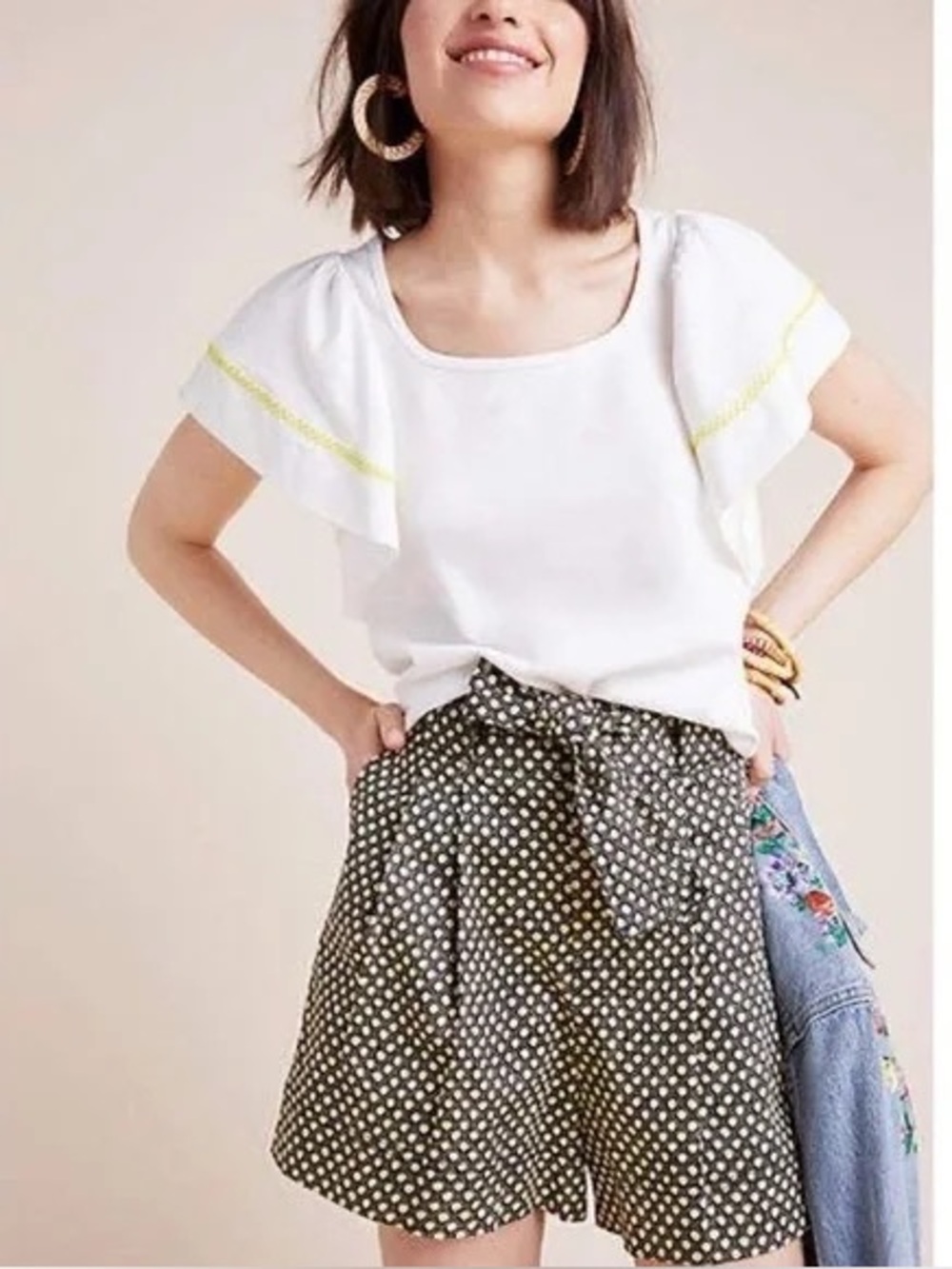 Anthropologie Maeve Sherman top with shirt flutter sleeves in white medium
